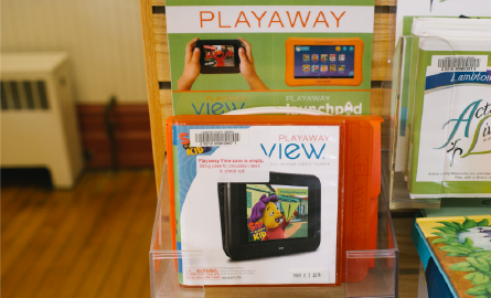 Playaway cases on display. 