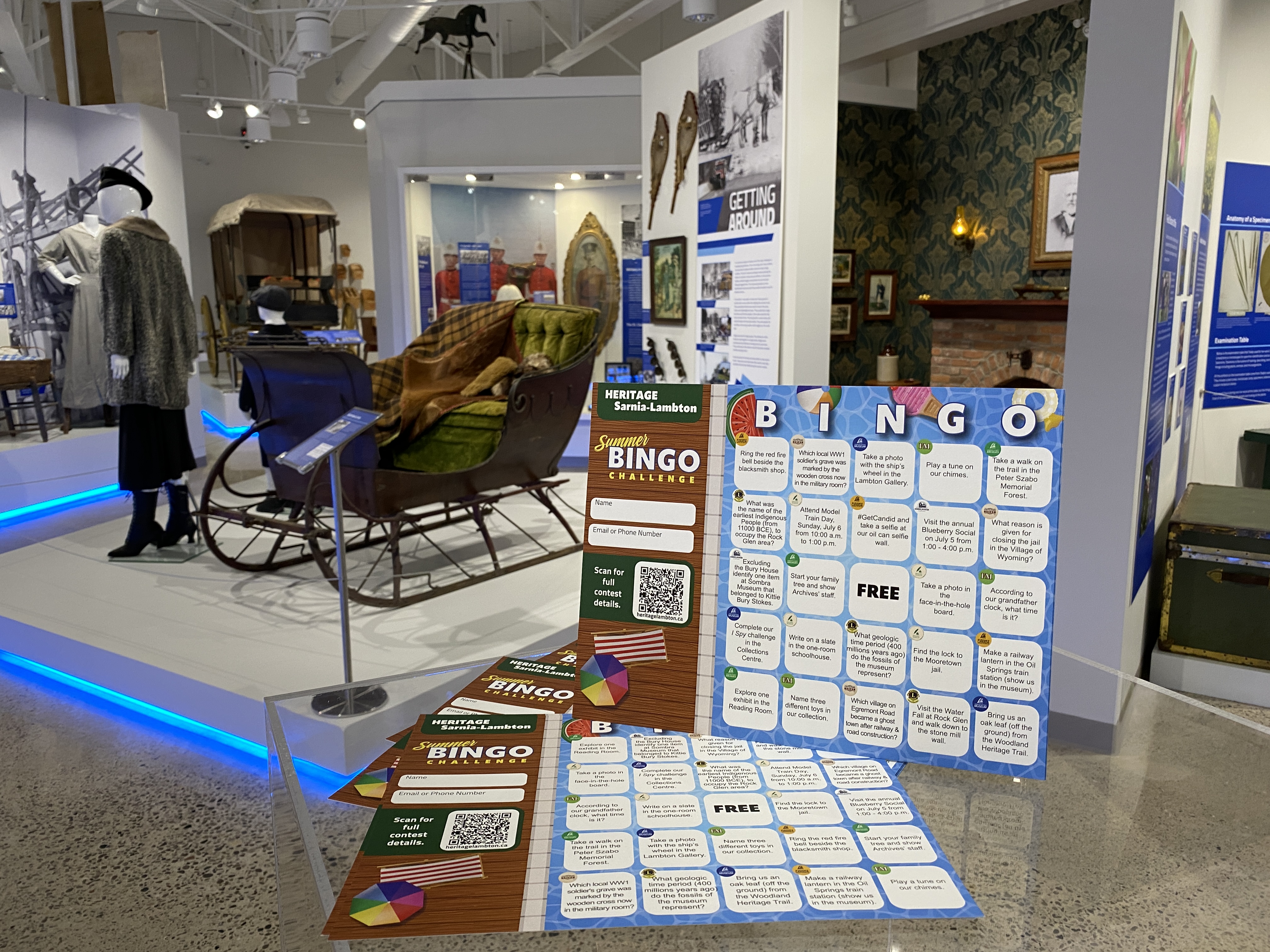 The Heritage Sarnia-Lambton bingo cards on display in the Lambton Gallery at Lambton Heritage Museum