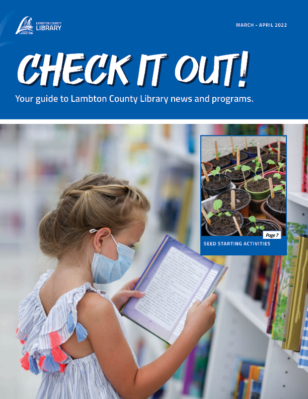 Check It Out! Newsletter cover with child reading a book from a library bookshelf