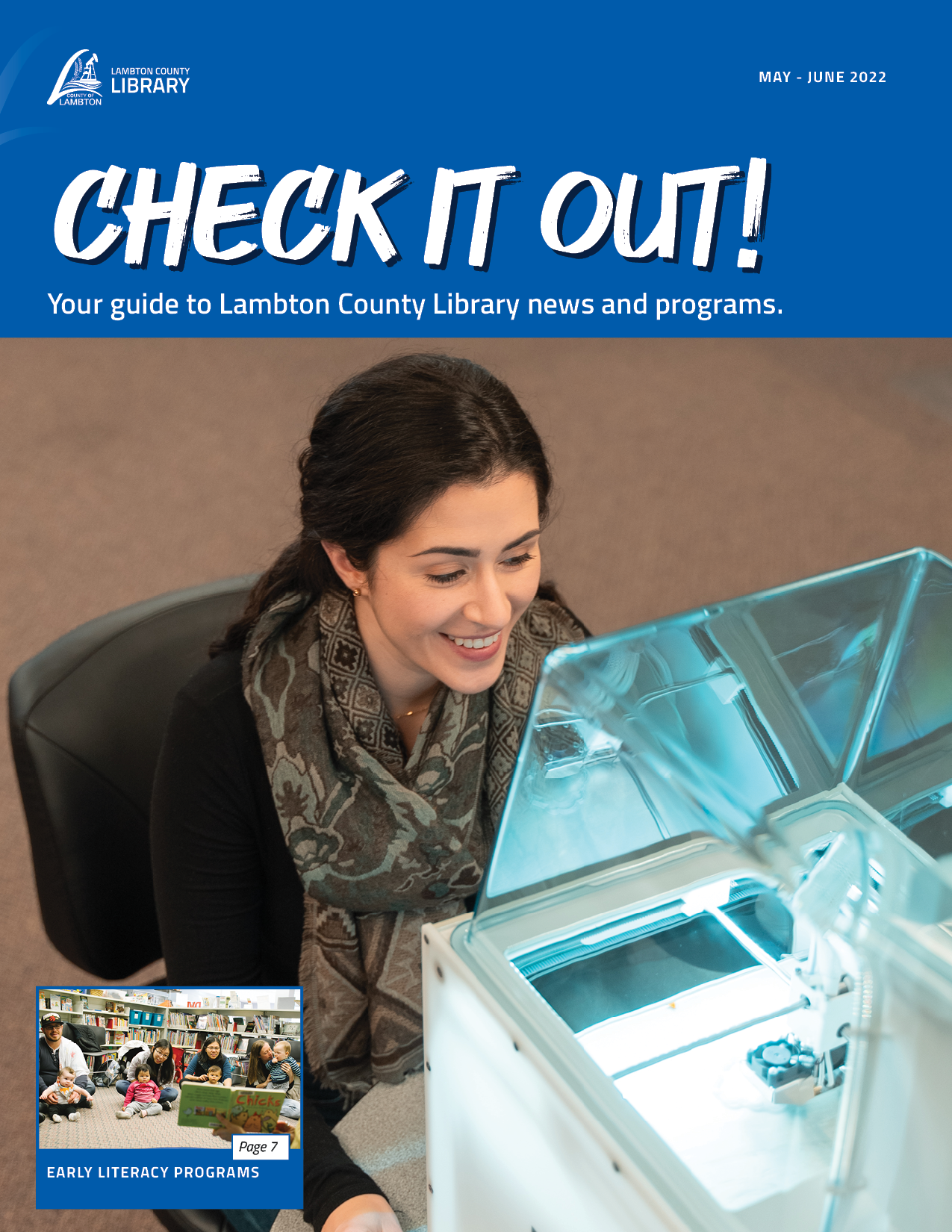 Woman working at a 3D printer with text that says "Check It Out your guide to library programming"