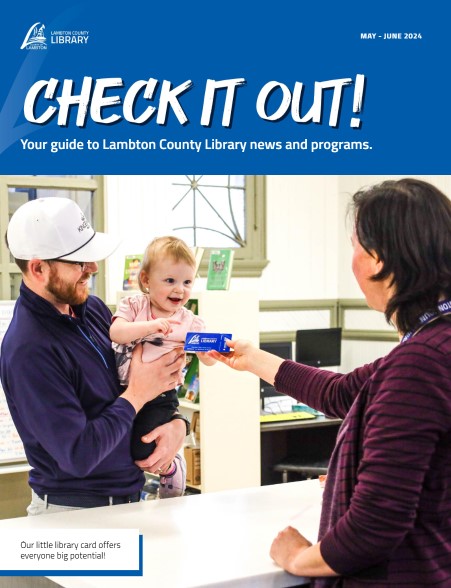 Cover of 'Check it Out!' featuring a toddler and her father getting a library card