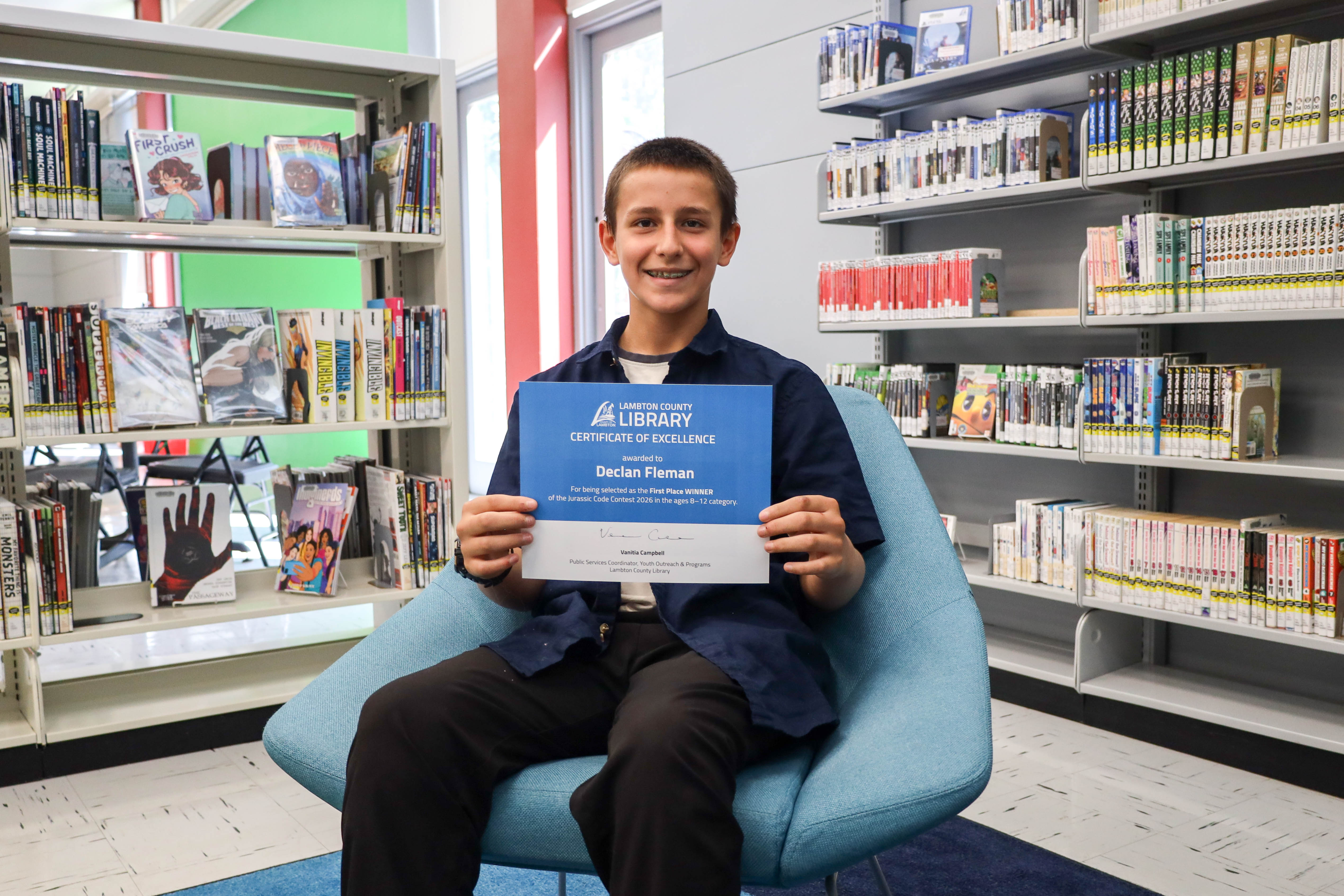 International Code Contest Winner, Declan Fleman, age 12, at Sarnia Library