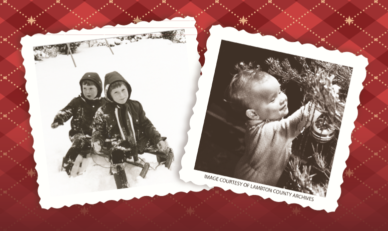 plaid background with two black and white photographs