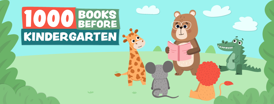 Illustration of a bear wearing glasses holding an open pink book, reading to four animals—a giraffe, a gray mouse, a red-maned lion, and a green alligator—sitting on grass with bushes in the foreground and blue sky with clouds in the background. On the left side, bold text reads “1000 Books Before Kindergarten” in white and green letters on red and blue banners.