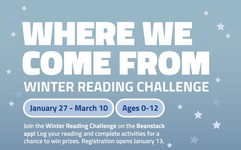 Winter Reading Challenge logo on a light blue background surrounded by star decals.