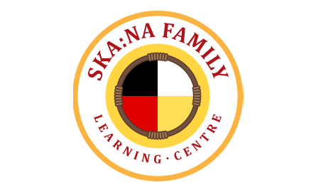 Logo, yellow circle with black, white, red and yellow quarters and text that reads Ska:na Family Learning Centre