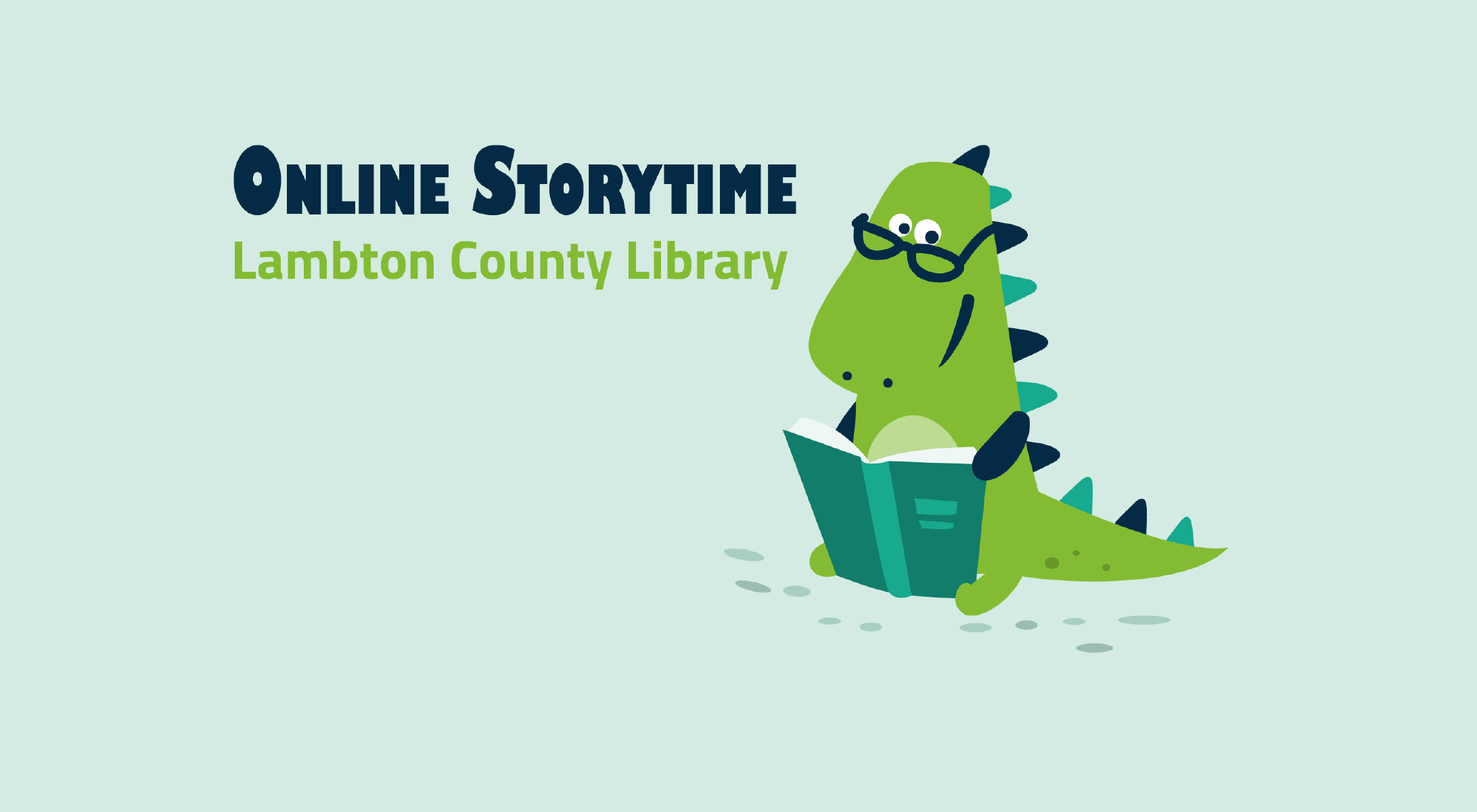 Dinosaur cartoon with text that says "Online Storytimes"