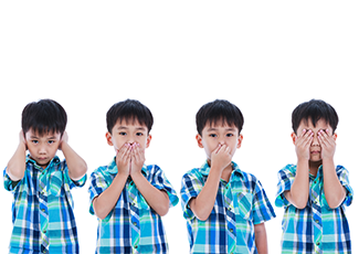 five photos of a little boy in a blue shirt, one hold hands over his ears, two holding hands over his mouth, three plugging his nose, four holding hands over his eyes