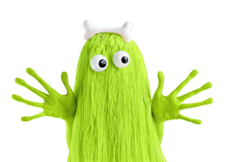 Monster with green hair and big bulging eyes.