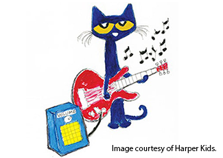 Drawing of Pete the Cat character playing electric guitar.