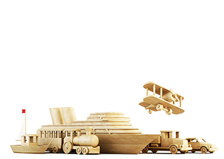 Wooden toy plane, train, boat, car.