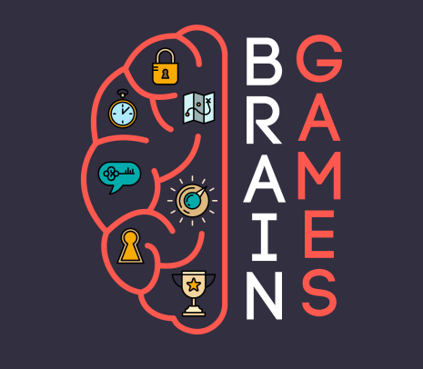 Blue background with brain icon and text, " Brain Games".