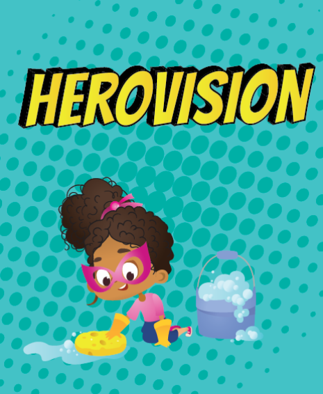 Young girl scrubbing the floor with text "Herovision Summer Reading Program 2021".