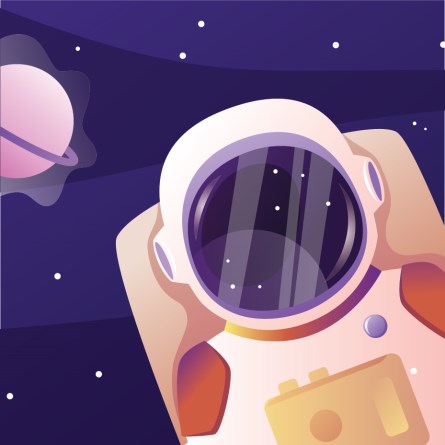 Purple graphic with an astronaut and plant.