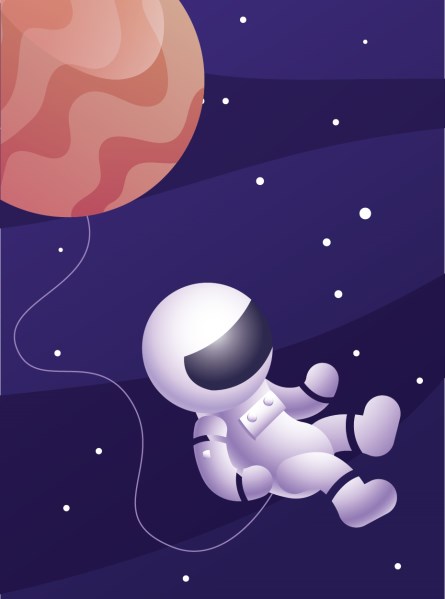 Cartoon astronaut and planet with purple background.