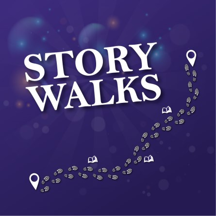 Purple background with text, "story walks".