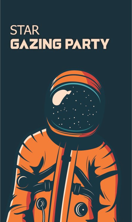 Astronaut cartoon with text, "Star Gazing Party".