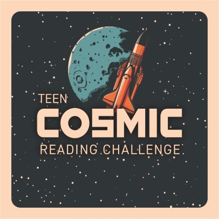 Graphic of a planet and rocket in space with text, "Teen Cosmic Reading Challenge".