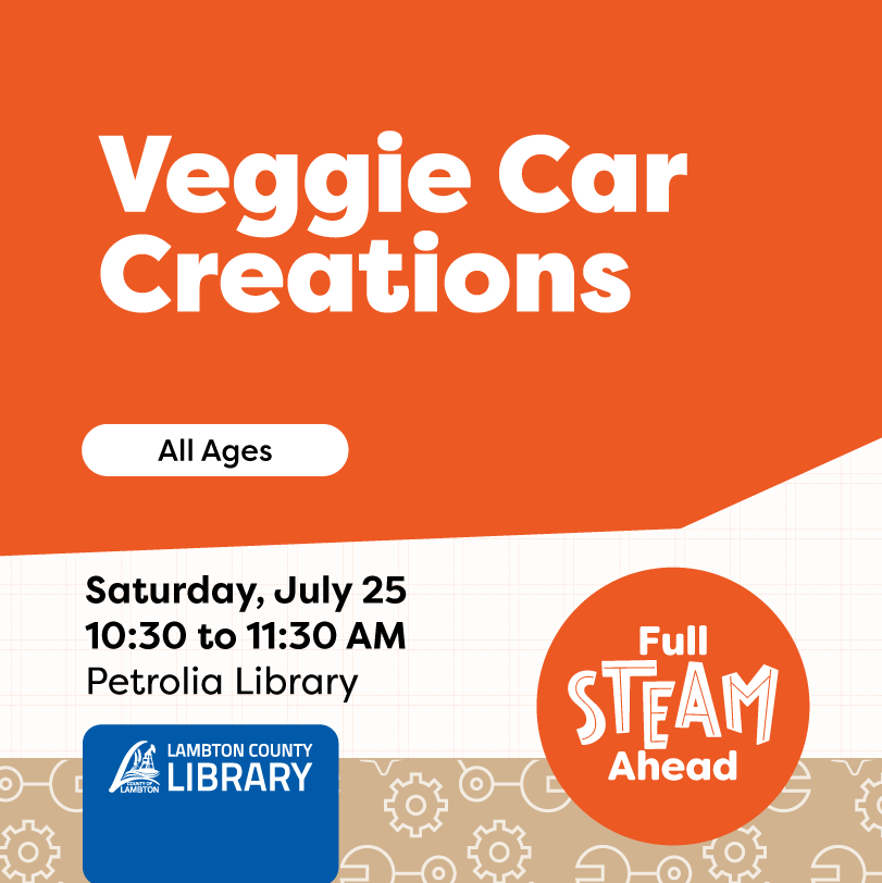 Promotional graphic for the "Veggie Car Creations" event hosted by Lambton County Library.