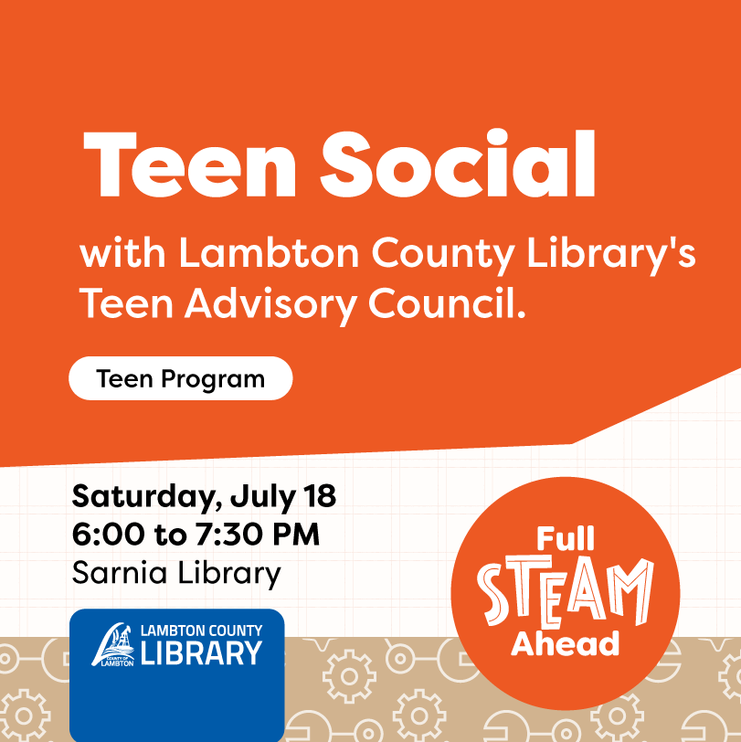 Promotional graphic for the "Teen Social" event hosted by Lambton County Library.
