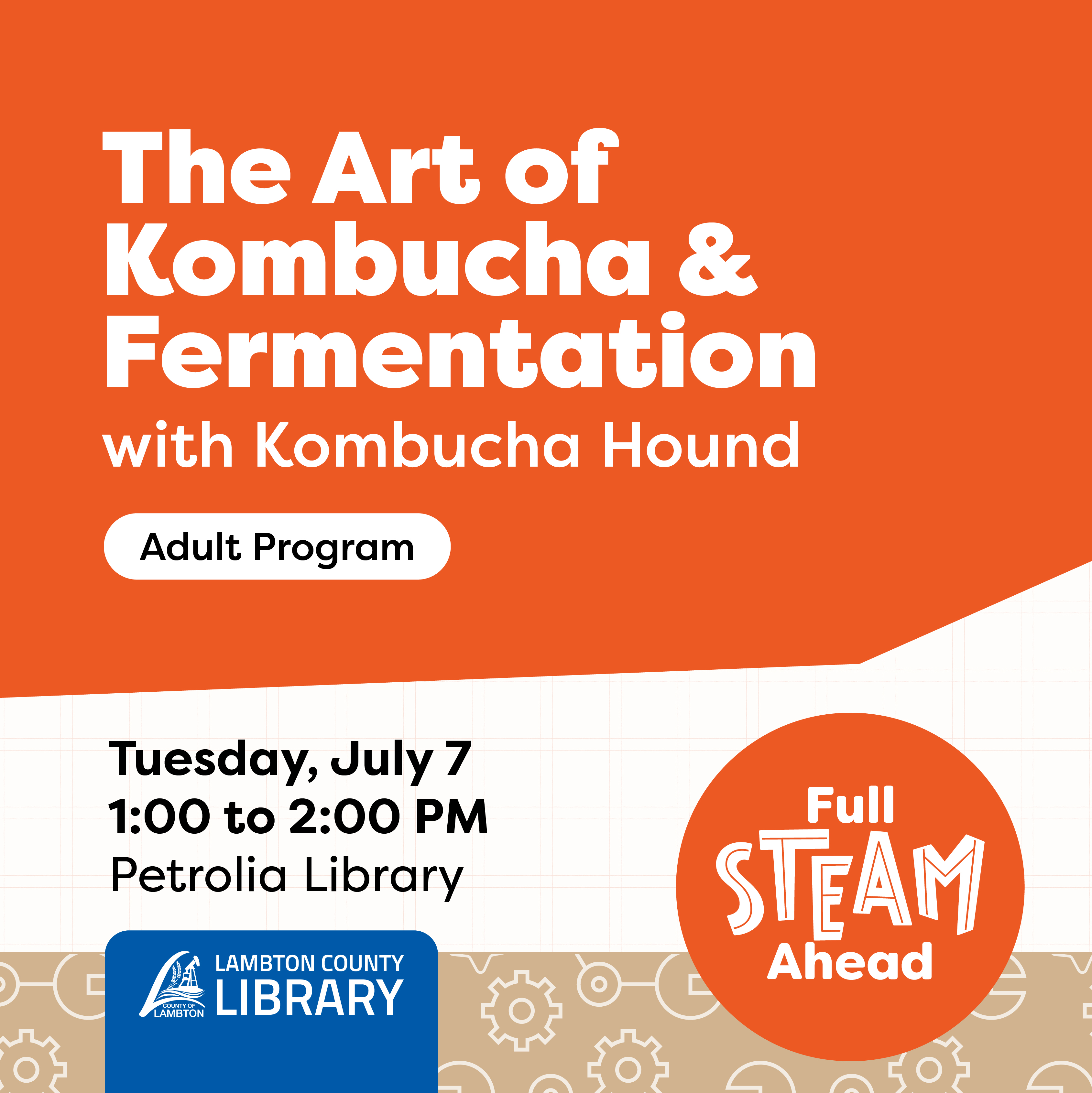 Promotional graphic for the "Art of Kombucha and Fermentation" event hosted by Lambton County Library.