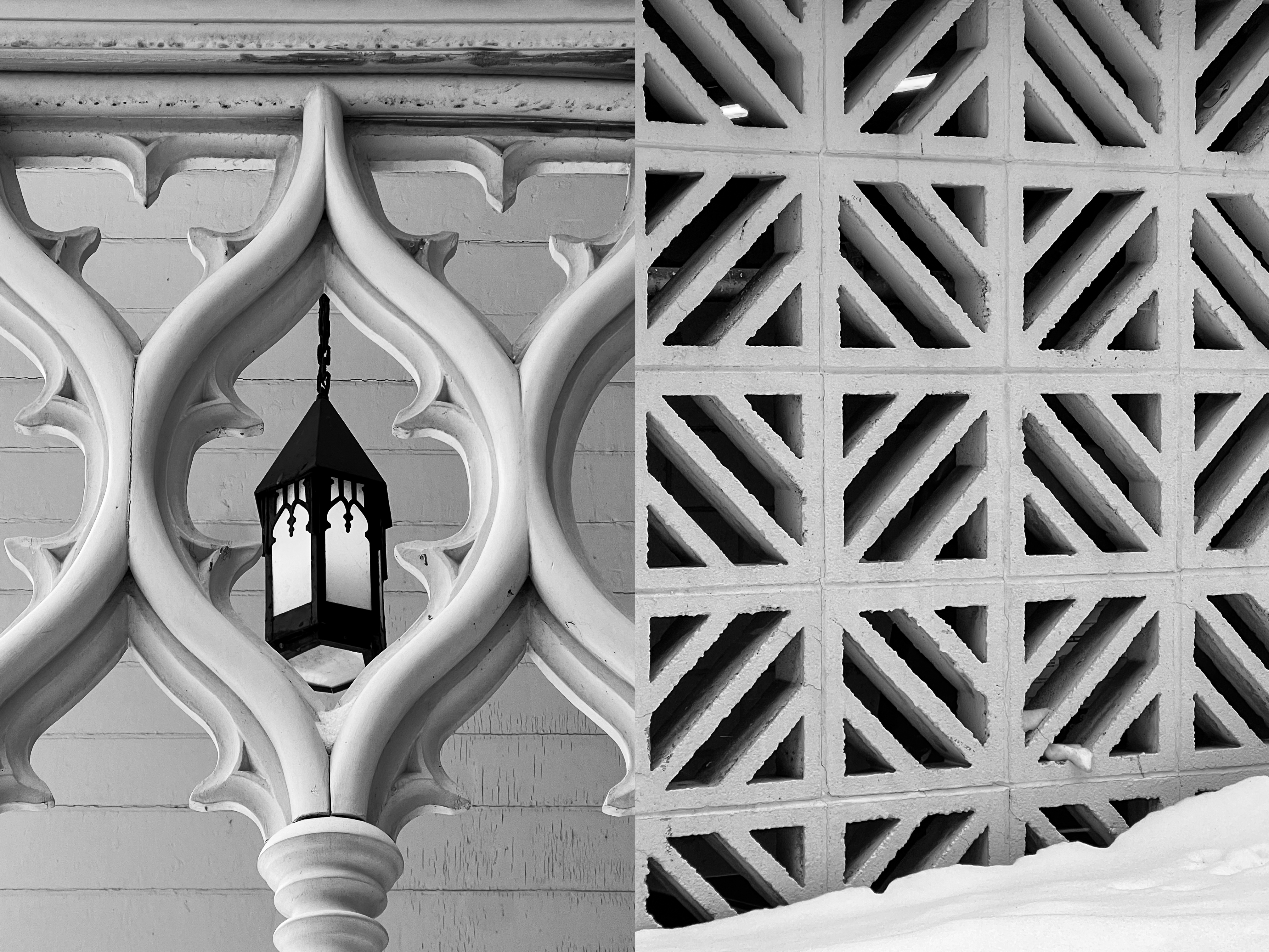 Black‑and‑white split image showing an ornate, curved wooden structure with a hanging lantern on the left, and a geometric concrete wall with repeating diamond‑shaped cutouts on the right.