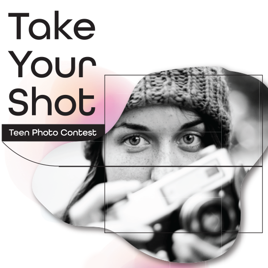 An close up of face with camera in front of it. Button reads 'take your shot teen photo contest'