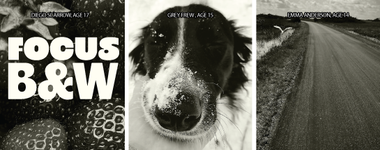 Three black‑and‑white photos: close-up berries with the title “FOCUS B&W,” a snow‑dusted animal face, and a rural road landscape.