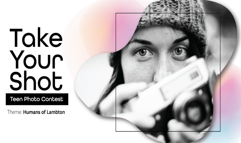 Text says Teen Photo Contest, with photo of girl holding a camera 
