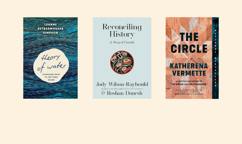 three book covers on cream background