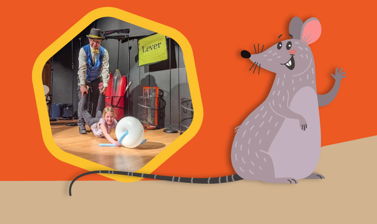 cartoon grey mouse on the right and a photo on the left of a science demonstration on stage