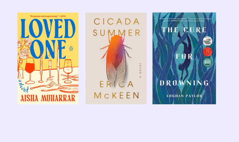three book covers on cream background