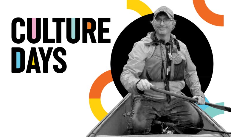 Author Kevin Callan in a canoe on a white background with colourful lines. 