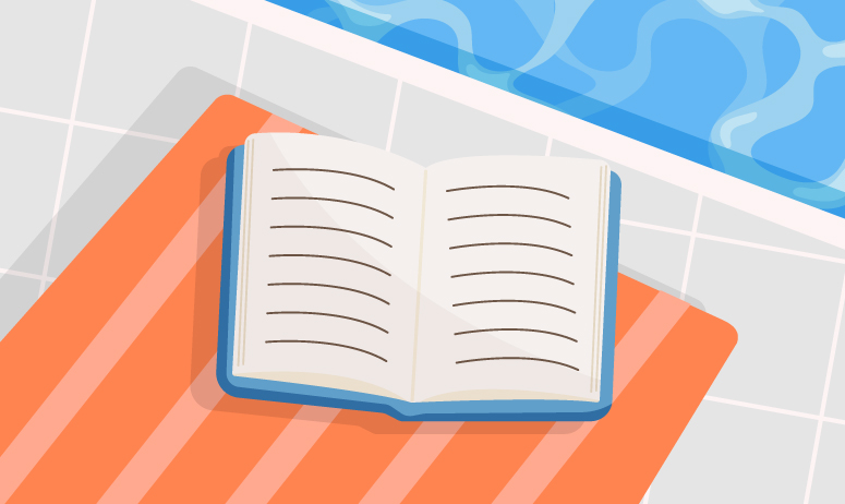 illustration of an open book next to a swimming pool