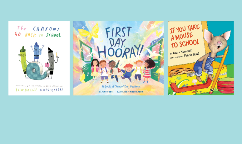 blue background with three children's picture books 
