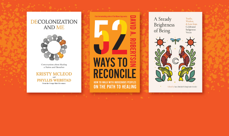 orange background with three titles from the National Day for Truth and Reconciliation reading list