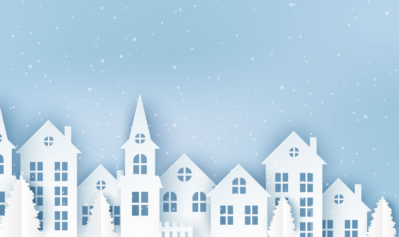 blue sky with white cityscape in the snow