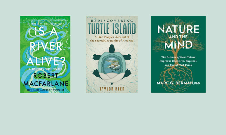 three book covers on a blue background