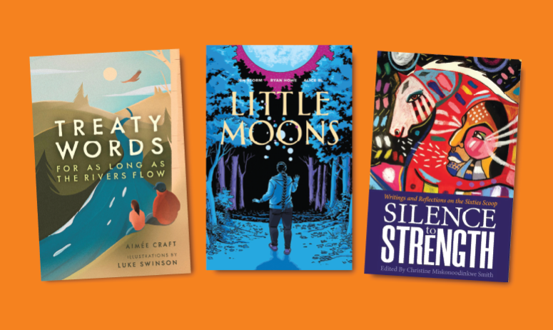 orange background with three titles from the National Day for Truth and Reconciliation reading list