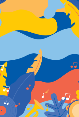 Colourful background with music notes floating across it 