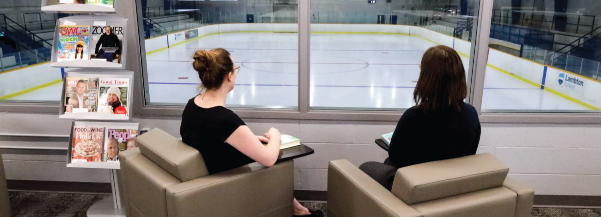 Two people enjoying the view of the hockey arena from the window in Clearwater Library