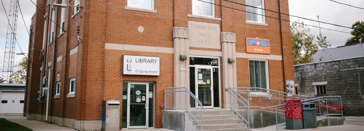 Outside of Oil Springs library building. 