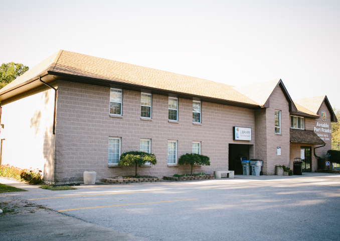 Light brick building. 